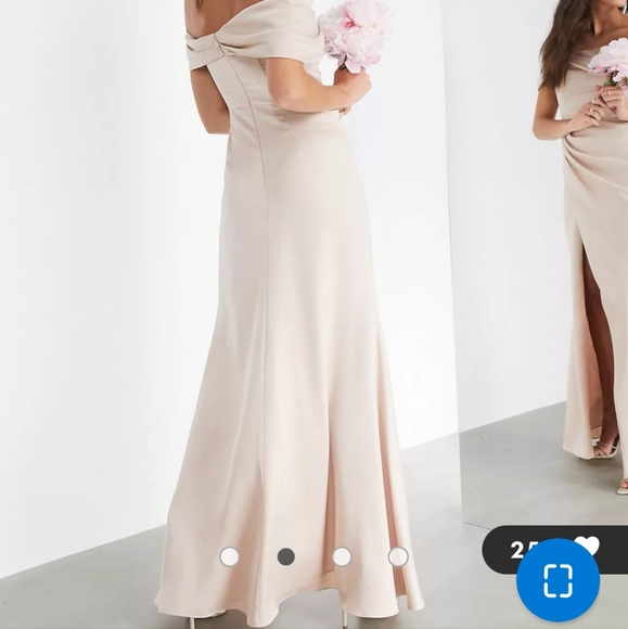 ASOS EDITION satin bardot drape wrap maxi dress in pink, bridesmaid dress - Picture 3 of 4